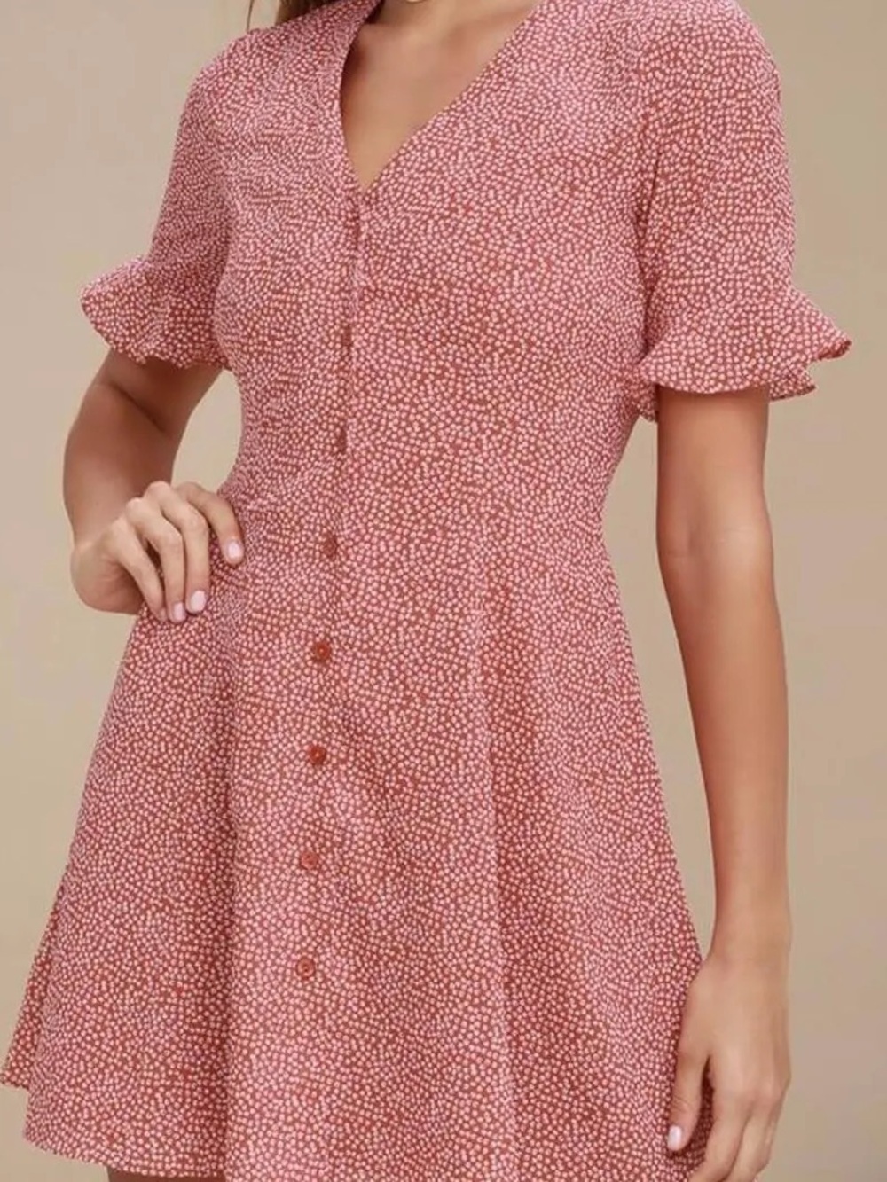 Lulu's Red Button-Front V-Neck Short Sleeve Mini Dress
